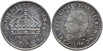 Швеция 1 крона 2008 Карл XVI Густав (1973- ) KM 894 медно-никель 85-426