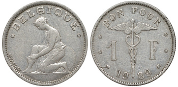 Бельгия 1 франк 1929 Belgique KM 89 никель 51-2041