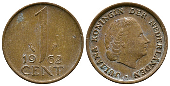 Нидерланды 1 цент 1962 Юлиана (1949-1980) KM 180 бронза 179-651