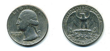 США 25 центов (квотер) 1965 Вашингтон KM 164а медь плакированная медно-никелем 46-1444