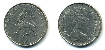 Великобритания 10 пенсов 1969 Елизавета II (1952-2022) KM 912, Spink 4231 (F1) медно-никель  4110-1212