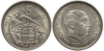 Испания 5 песет 1957 (71) Франсиско Франко (1939-1975) KM 786 медно-никель XF+ 4182-354