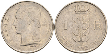 Бельгия 1 франк 1963 Belgique, Бодуэн I (1951-1993) KM 142.1 медно-никель 4563-1246
