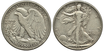 США 1/2 доллара (50 центов) 1936 D, шагающая свобода KM 142 серебро 413-242