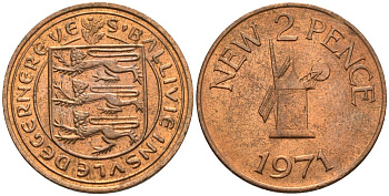 Гернси 2 пенса 1971 Ветряная мельница KM 22 бронза  aUNC  4610-445