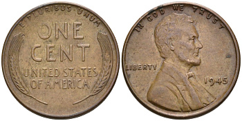 США 1 цент 1945 Линкольн KM А132 бронза 192-952