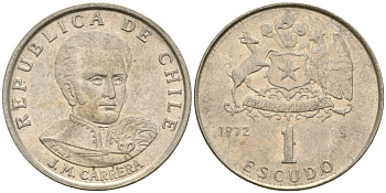 Чили 1 эскудо 1972 Хосе Мигель Каррера KM 197 медно-никель 4174-428