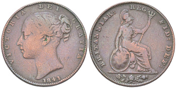 Великобритания 1 фартинг 1841 Виктория (1837-1901) KM 725, Spink 3950 медь 4613-369