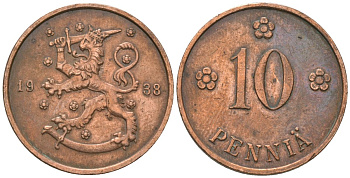 Финляндия 10 пенни 1938 KM 24 медь 4589-412
