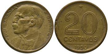 Бразилия 20 сентаво 1950 Руй Барбоза ди Оливейра KM 562, Schon 66 алюминиевая бронза 4567-838