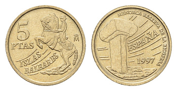 Испания 5 песет 1997 Хуан Карлос I (1975-2014), Балеарские острова, всадник KM 981 алюминиевая бронза 116-565