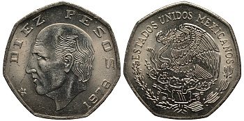 МЕКСИКА 10 ПЕСО 1978 МАНУЭЛЬ ХИДАЛЬГО КАСТИЛЬЯ KM 477.2 медно-никель aUNC 215-946