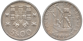 Португалия 5 эскудо 1986 KM 591 медно-никель 4143-141
