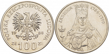 Польша 100 злотых 1988 MW, серия Польские правители, королева Ядвига (1384-1399) KM 183 медно-никель 4517-845