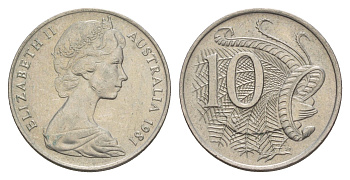 Австралия 10 центов 1981 Елизавета II (1952-2022), птица лирахвост KM 65 медно-никель aUNC 4657-145