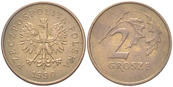 Польша 2 гроша 1990 Y 277 марганец латунь UNC 4614-613