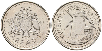 Барбадос 25 центов 2011 KM 13a сталь плакированная никелем UNC 4619-1156