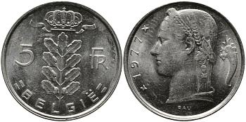 БЕЛЬГИЯ 5 ФРАНКОВ 1977 BELGIE KM 135.1 медно-никель 98-613
