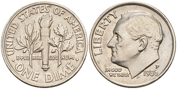 США 10 центов (дайм) 1986 P, Франклин Рузвельт KM 195a медь плакированная медно-никелем 188-435