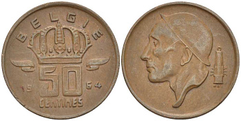 БЕЛЬГИЯ 50 САНТИМОВ 1964 BELGIE KM 149.1 бронза 4396-324