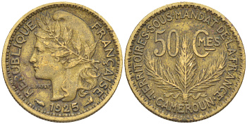 Французский Камерун 50 сантимов 1925 (а), монетный двор Париж KM 1 алюминиевая бронза 36-1147