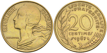 Франция 20 сантимов 1967 тип Marianne KM 930 медь алюминий никель    4595-1045