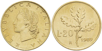 ИТАЛИЯ 20 ЛИР 1989 R, ДУБОВЫЕ ЛИСТЬЯ KM 97.2 алюминиевая бронза 4511-1014