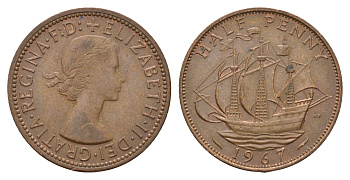 Великобритания 1/2 пенни 1967 Елизавета II (1952-2022) KM 896, Spink 4158 бронза 4675-436