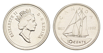 Канада 10 центов 1992 Елизавета II (1952-2022), парусник KM 206 никель UNC 4639-655