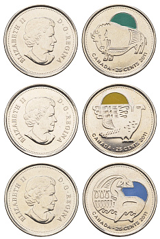 Канада набор из 3 монет (25 центов) 2011 Природа Канады - Бизон, Сапсан и Косатка KM 1168a, 1169a и 1170a сталь плакированная никелем UNC 98-1021-1023