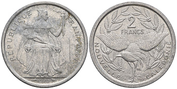 Французская Новая Каледония 2 франка 1973 птица кагу, (IEOM) KM 14, Schoen 11, Lec 57 алюминий    27-337