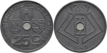 БЕЛЬГИЯ 25 САНТИМОВ 1946 BELGIQUE-BELGIE, ГЕРМАНСКАЯ ОККУПАЦИЯ, ВТОРАЯ МИРОВАЯ ВОЙНА KM 131 цинк 94-324