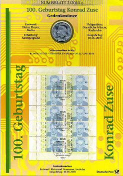 ФРГ 10 евро + блок марок 2010 G, 100 лет СО ДНЯ РОЖДЕНИЯ КОНРАДА ЦУЗЕ (1910-2010) ПИОНЕРА НЕМЕЦКОГО КОМПЬЮТЕРОСТРОЕНИЯ, официальный буклет немецкой почты (DEUTSCHE POST), с марками первого дня гашения 10.06.2010    UNC  14-01-03-01