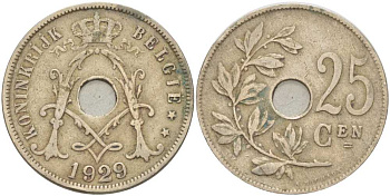БЕЛЬГИЯ 25 САНТИМОВ 1929 BELGIE KM 69 медно-никель 180-1221