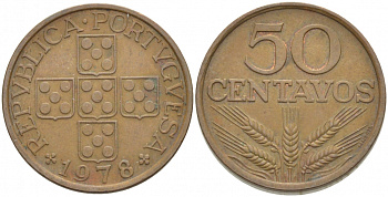 ПОРТУГАЛИЯ 50 СЕНТАВО 1978 KM 596 бронза 3718-446