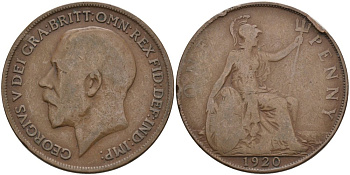 Великобритания 1 пенни 1920 Георг V (1910-1936) KM 810, Spink 4051 бронза 4572-1236