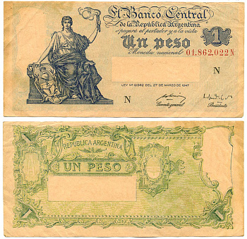 АРГЕНТИНА 1 ПЕСО 1950 СЕРИЯ N, НОМЕР 01862, РОЗОВАЯ БУМАГА, ПОДПИСИ JUAN H. BOSIO - ALFREDO GOMEZ MORALES Pick 257, Bottero 1840 бумага 8613-41-2-2