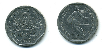 ФРАНЦИЯ 2 ФРАНКА 1979 СЕЯТЕЛЬ KM 942.1, LE FRANC 272.3 никель 25-2425