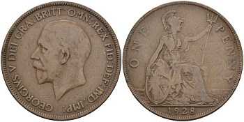 Великобритания 1 пенни 1928 Георг V (1910-1936), гнутая KM 838, Spink 4055 бронза 4117-816