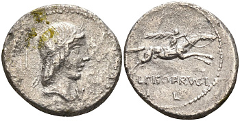 Римская Республика денарий 90 г. до н.э. монетарий Л. Пизон Фруги, голова Аполлона в венке / L PISO FRVGI, всадник с пальмовой ветвью, Рим, 3,08 гр Cr. 340 серебро 1073-9-12