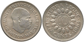 Сьерра-Леоне 10 центов 1964 Милтон Маргаи KM 19 медно-никель UNC 73-312
