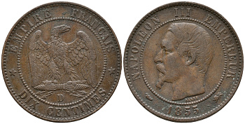 ФРАНЦИЯ 10 САНТИМОВ 1855 D, НАПОЛЕОН III (1852-1870) KM 771.4, LE FRANC 133.24 бронза 32-926