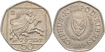 Кипр 50 центов 1993 похищение Европы KM 66 медно-никель 4141-1232