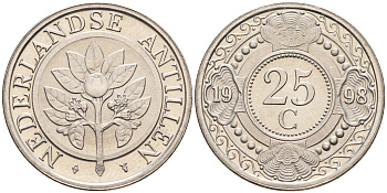Нидерландские Антилы 25 центов 1998 Беатрикс (1980-2013) KM 35 сталь плакированная никелем 4169-428