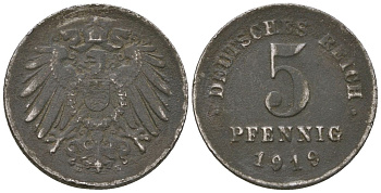 Германия 5 пфеннигов 1919 D KM 19, AKS 17, J 297, Schon DM 20, Neum 33 железо 4588-457