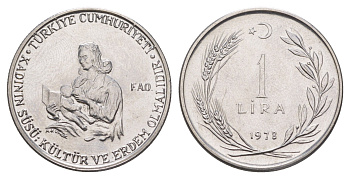 Турция 1 лира 1978 ФАО - Образование для сельских женщин, тираж 20.000 экземпляров KM 914 нержавеющая сталь BU 1521-1542