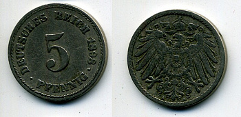 ГЕРМАНИЯ 5 ПФЕННИГОВ 1898 A, KM 11, J. 12 медно-никель 58-156