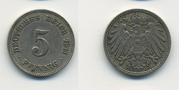 Германия 5 пфеннигов 1911 J KM 11, Jager 12, Weege 6 медно-никель 23-1414
