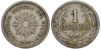 Уругвай 1 сентесимо 1909 KM 19 медно-никель 4169-618