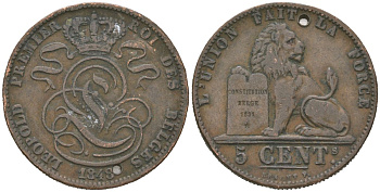 Бельгия 5 сантимов 1818 Леопольд I (1831-1865) KM 5.1 медь 113-1031